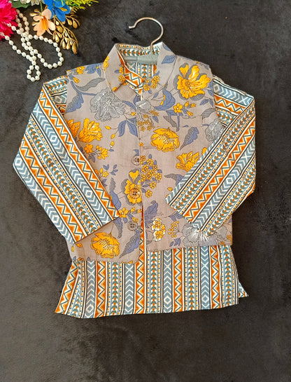 Grey/Yellow Fool -Patti print Jacket with Kurta -Pyjama