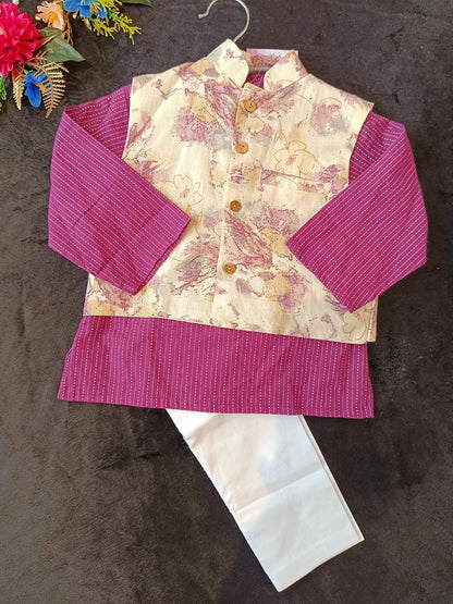 Abstract cream/Purple print Jacket with Kurta -Pyjama