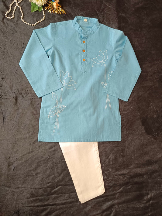 Sky Blue Lotus embroided Kurta -Pyjama