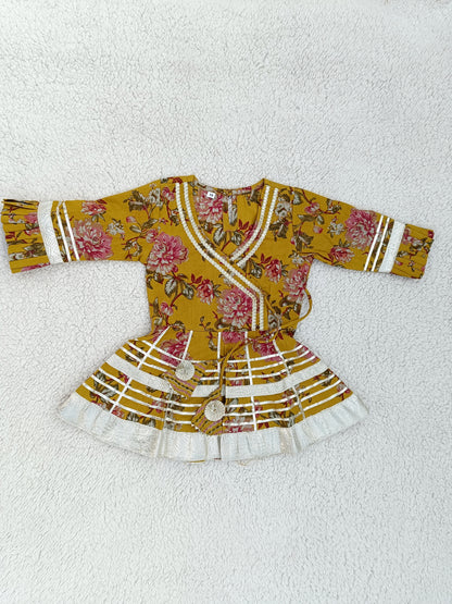 Mustard Floral Printed Girls Flare Suit Set