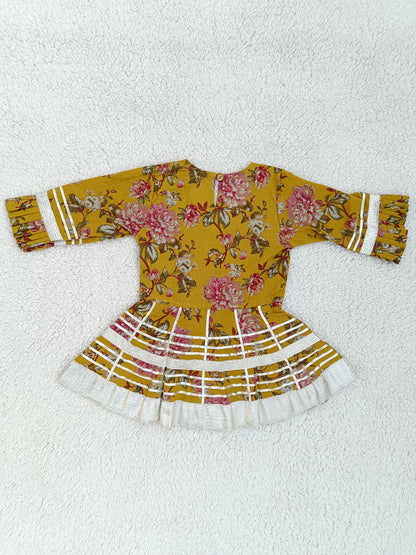 Mustard Floral Printed Girls Flare Suit Set