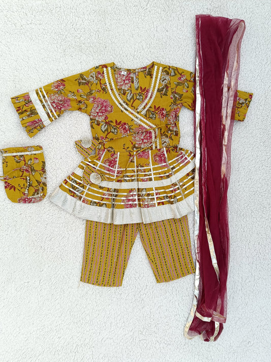 Mustard Floral Printed Girls Flare Suit Set