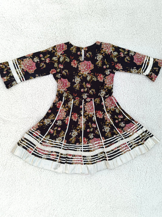Black Floral Printed Girls Flare Suit Set