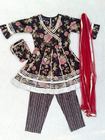 Black Floral Printed Girls Flare Suit Set
