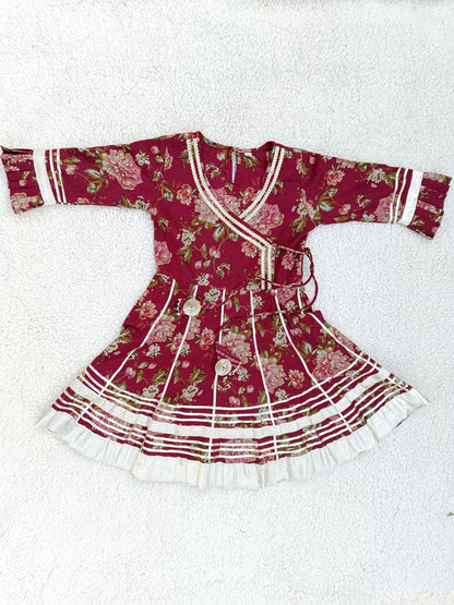 Maroon Floral Printed Girls Flare Suit Set