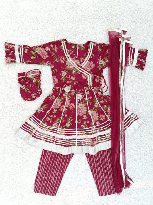 Maroon Floral Printed Girls Flare Suit Set