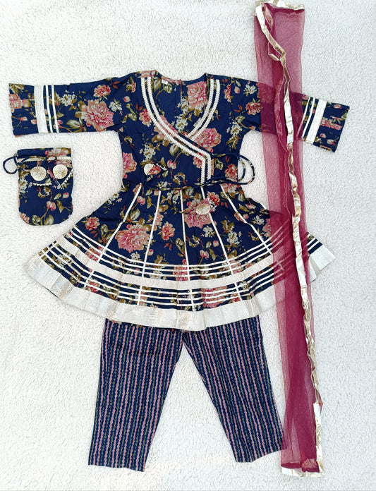 Blue Floral Printed Girls Flare Suit Set