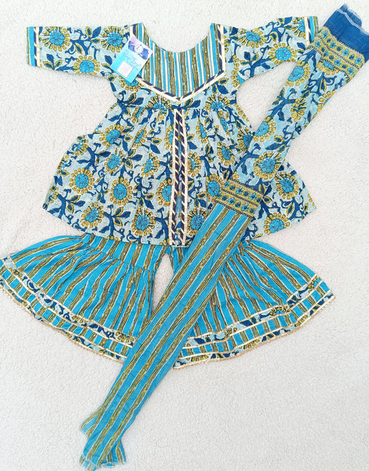 Abstract Print Aqua Green Coloured Front Cut Anarkali Suit with Sharara