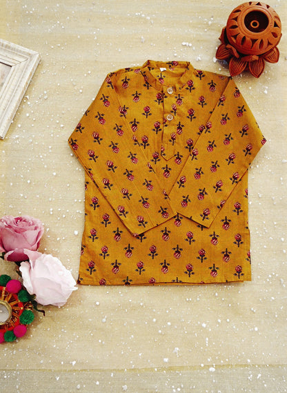 Mustard block printed Jacket with Kurta -Dhoti