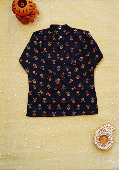 Navy Blue block printed Jacket with Kurta -Dhoti