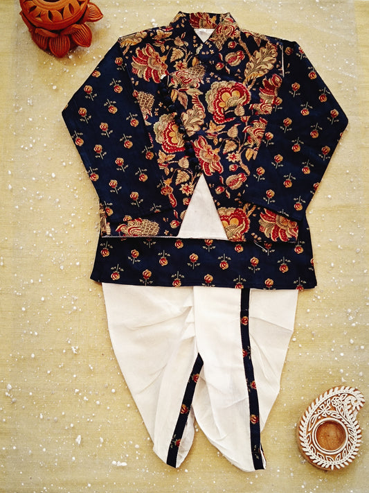 Navy Blue block printed Jacket with Kurta -Dhoti