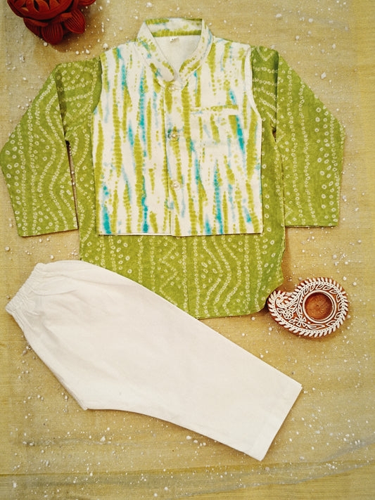 Parrot Green Tie and Dye Jacket with Bandhej Kurta -Pyjama