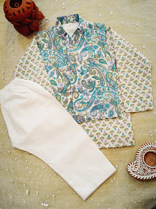 Sky Blue Paisley Print Jacket With Kurta -Pyjama