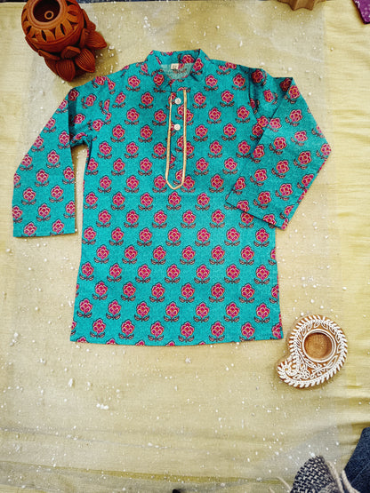 Sea Green Block Printed Boy's Kurta
