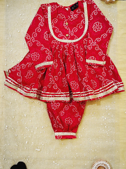Bandhej print Red Colour Anarkali suit with Afghani Salwar