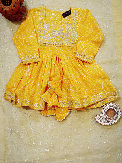 Jaipuri Print Yellow Colour Anarkali Suit With Sharara