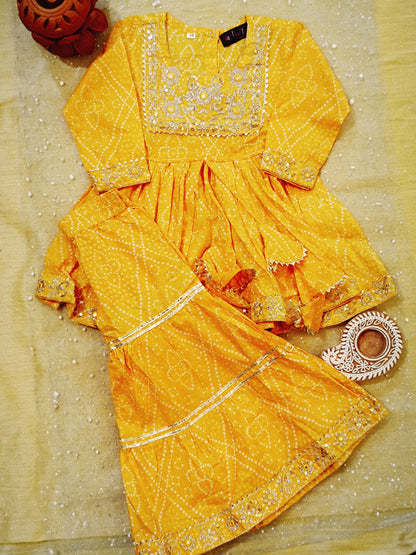 Jaipuri Print Yellow Colour Anarkali Suit With Sharara