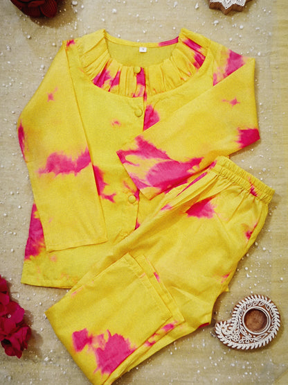 Marble Tie & Dye Print Yellow Pink Colour Girls Co-Ords