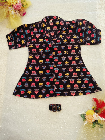 Flower Printed Black color Summer Frock For girls