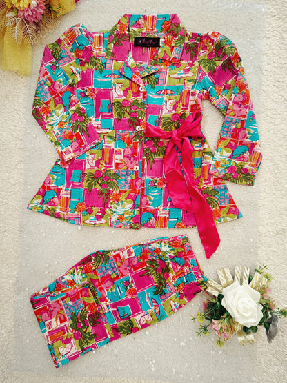 Pink Colour Tropical Print Girls Co-Ord Set