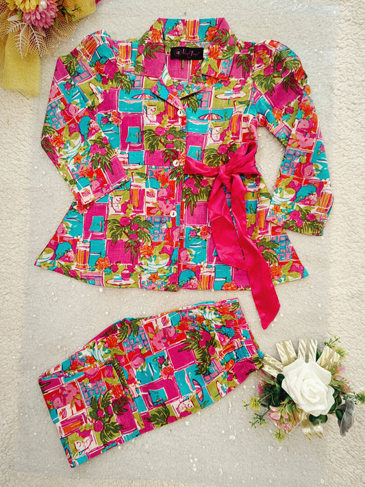 Pink Colour Tropical Print Girls Co-Ord Set