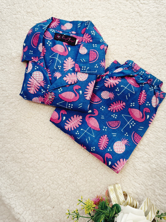 Flamingo printed Blue Color Night suit