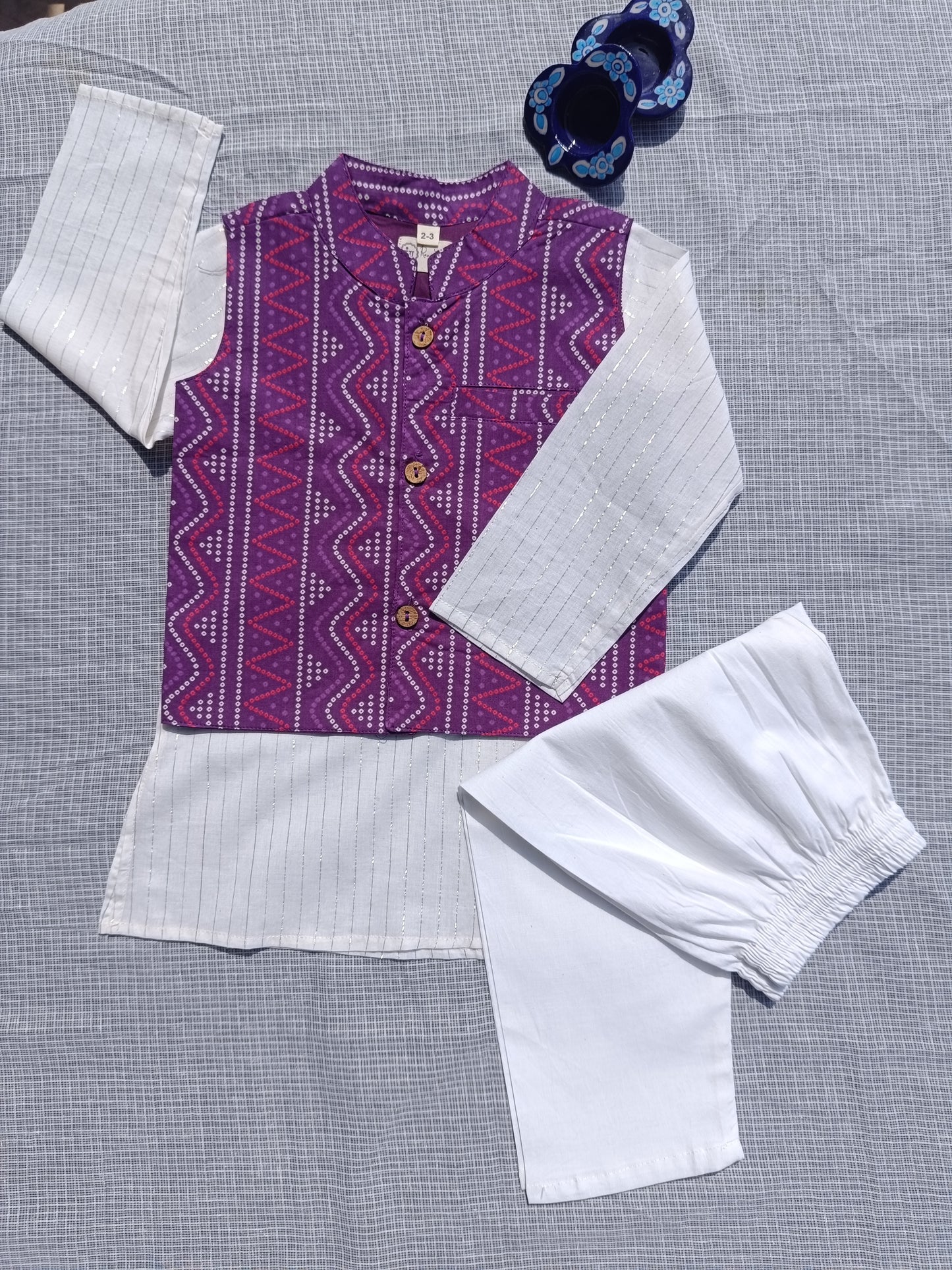 Purple Bandhej Jacket With Lurex Kurta Pyjama