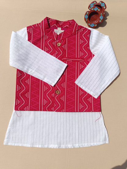 Red Bandhej Jacket With Lurex Kurta Pyjama
