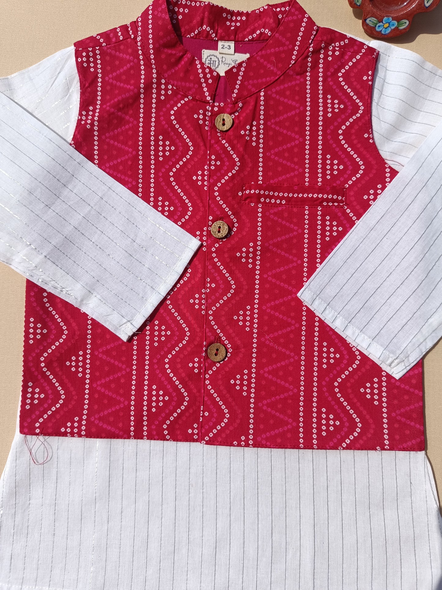Red Bandhej Jacket With Lurex Kurta Pyjama