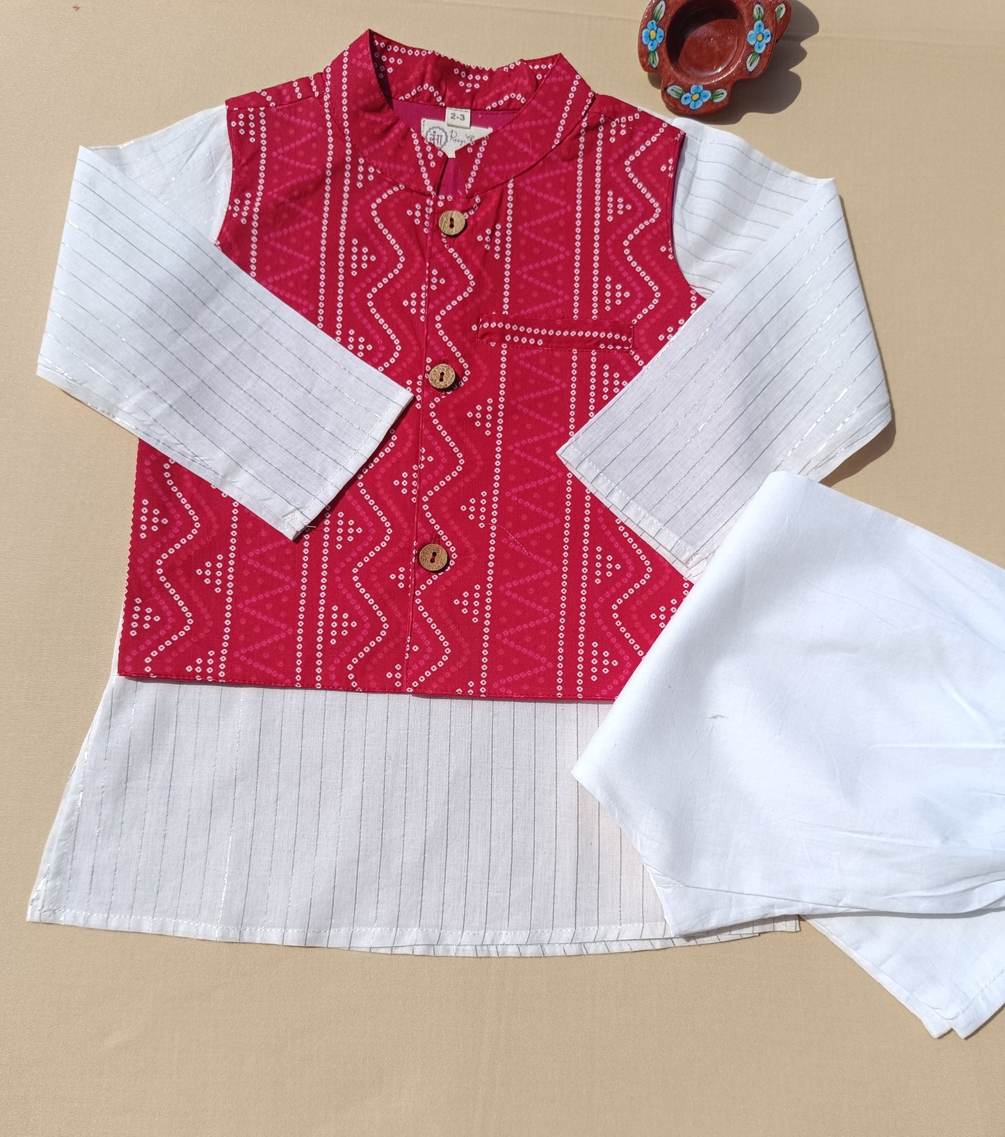 Red Bandhej Jacket With Lurex Kurta Pyjama