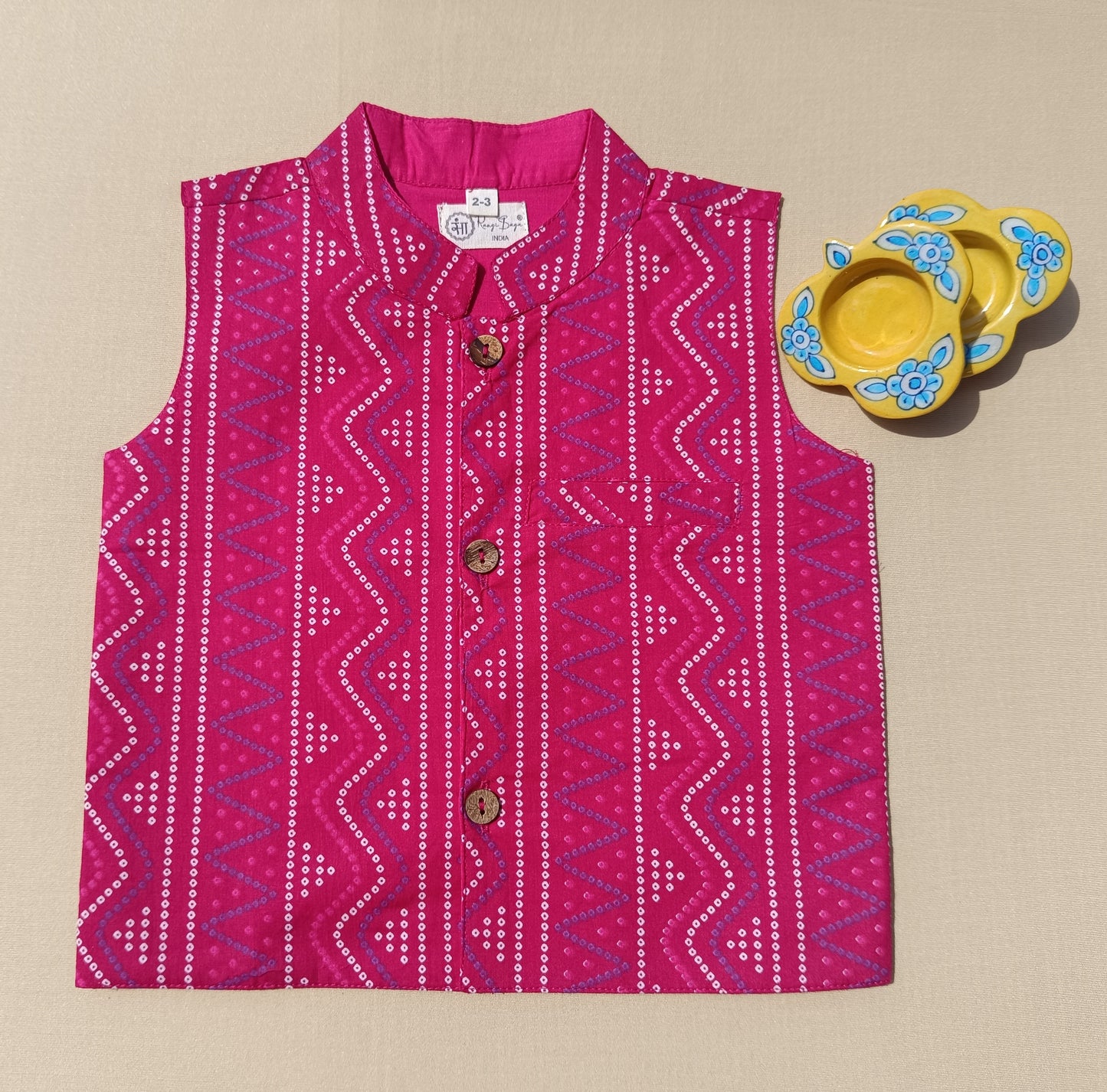 Pink Bandhej Jacket With Lurex Kurta Pyjama