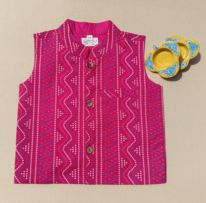 Pink Bandhej Jacket With Lurex Kurta Pyjama