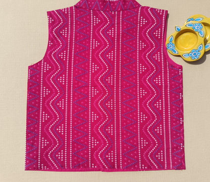 Pink Bandhej Jacket With Lurex Kurta Pyjama