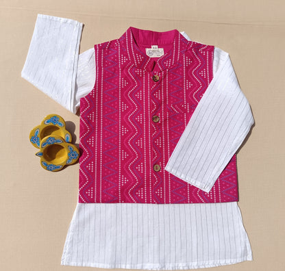 Pink Bandhej Jacket With Lurex Kurta Pyjama