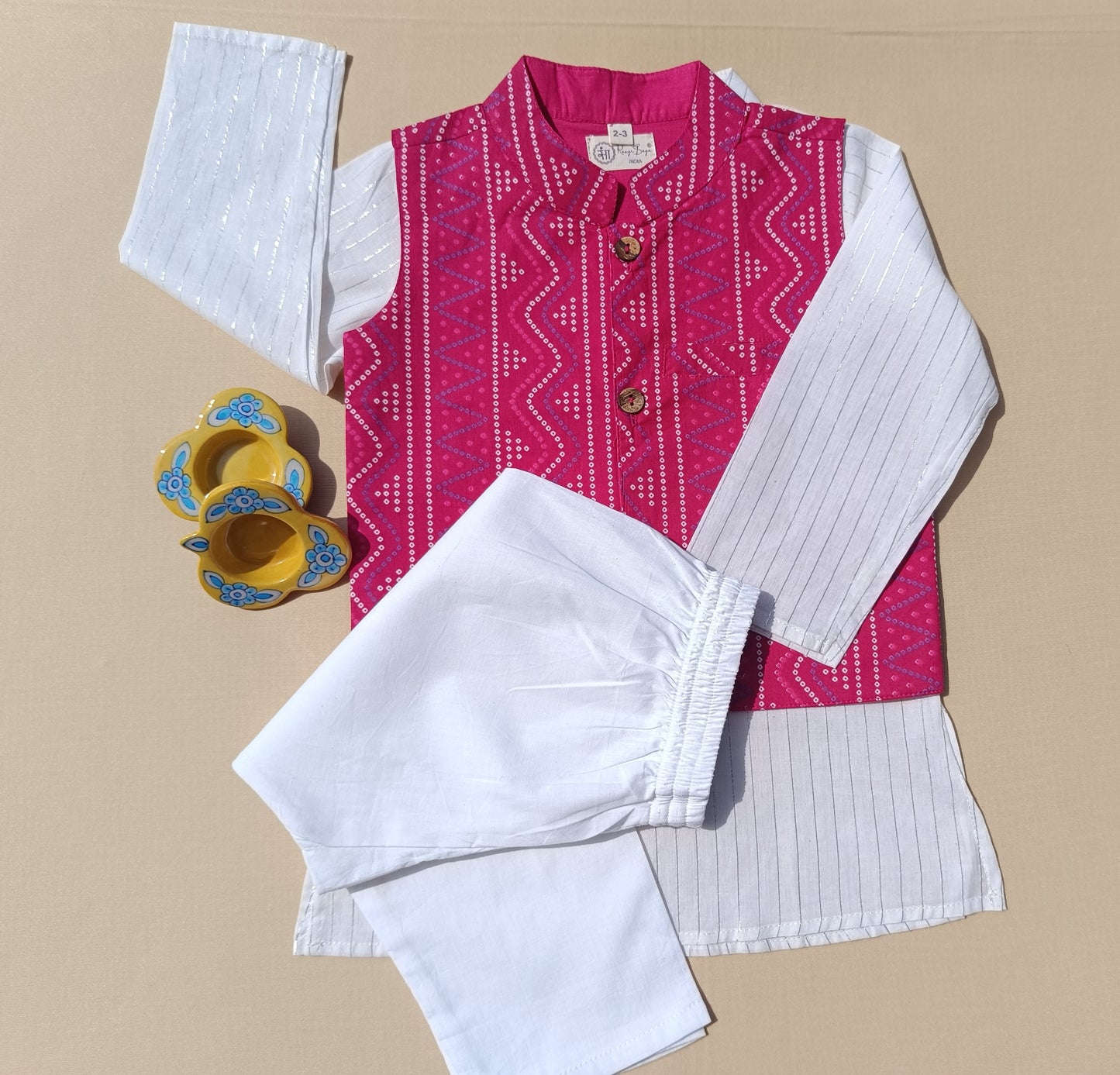 Pink Bandhej Jacket With Lurex Kurta Pyjama