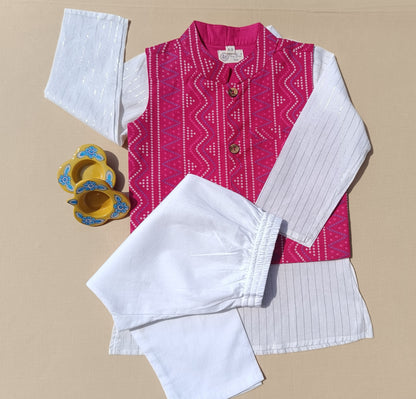Pink Bandhej Jacket With Lurex Kurta Pyjama