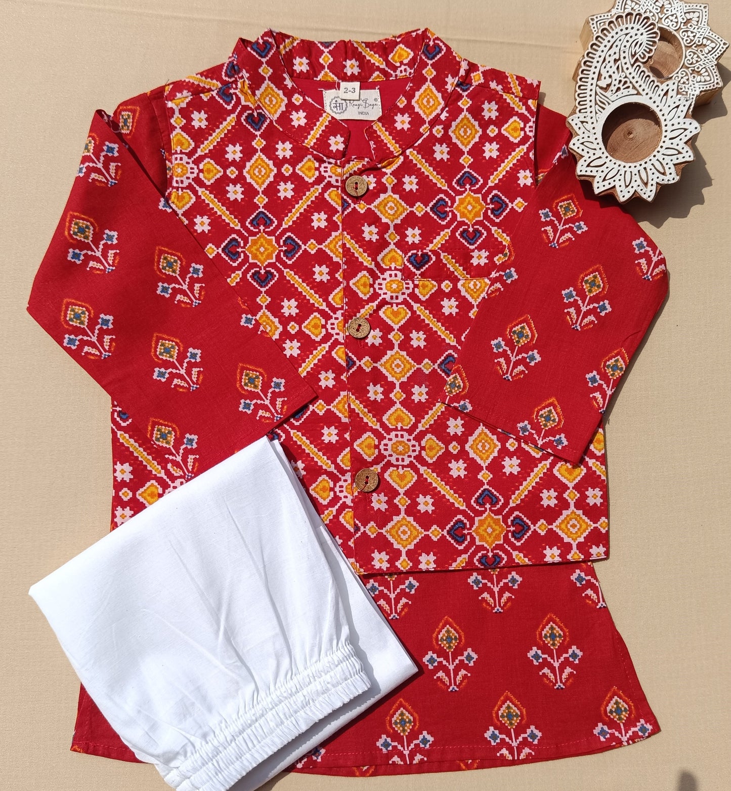 Red Patola Print Jacket with Kurta -Pyjama