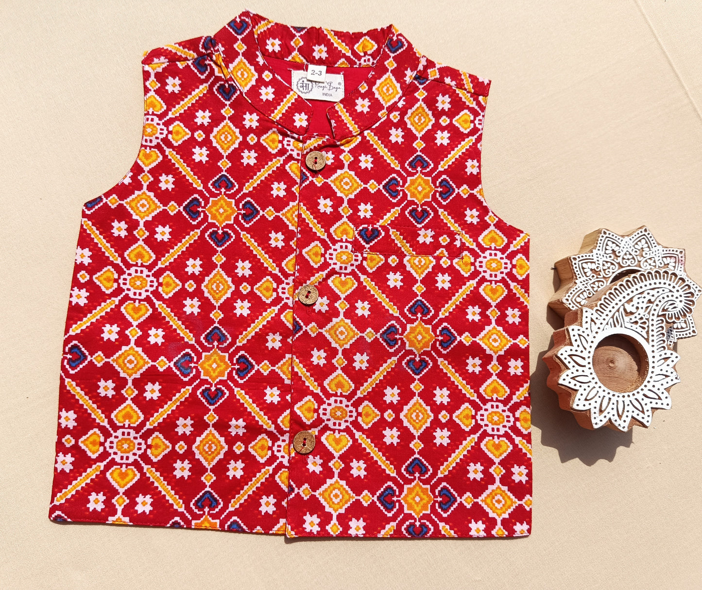 Red Patola Print Jacket with Kurta -Pyjama