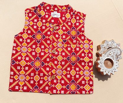 Red Patola Print Jacket with Kurta -Pyjama