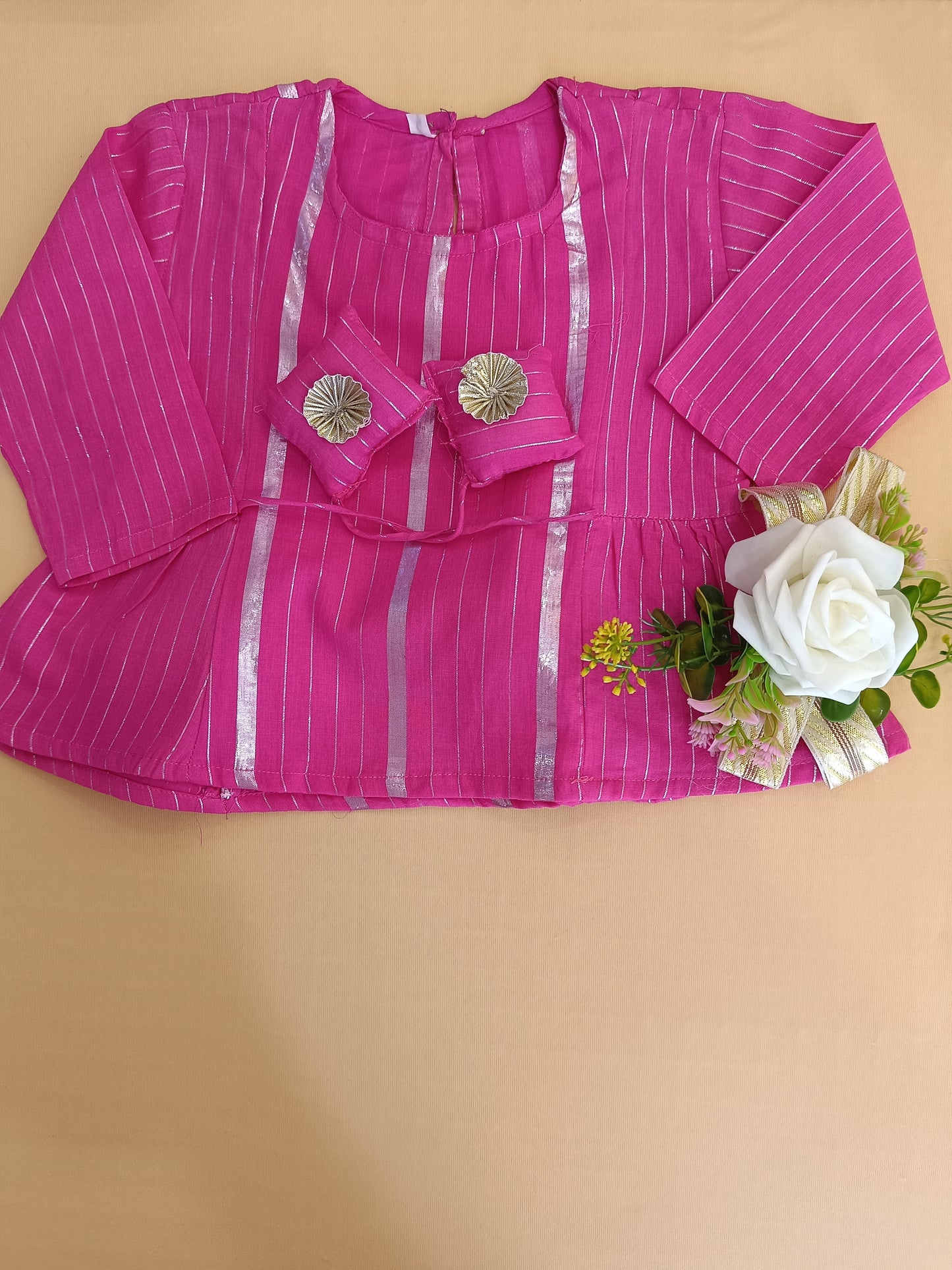 Stylish Pink Lurex cotton flared suit set for Girls