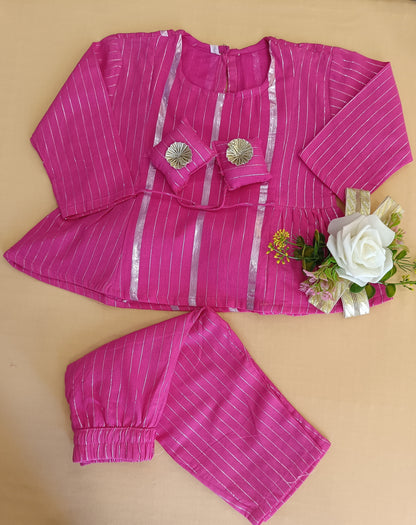 Stylish Pink Lurex cotton flared suit set for Girls