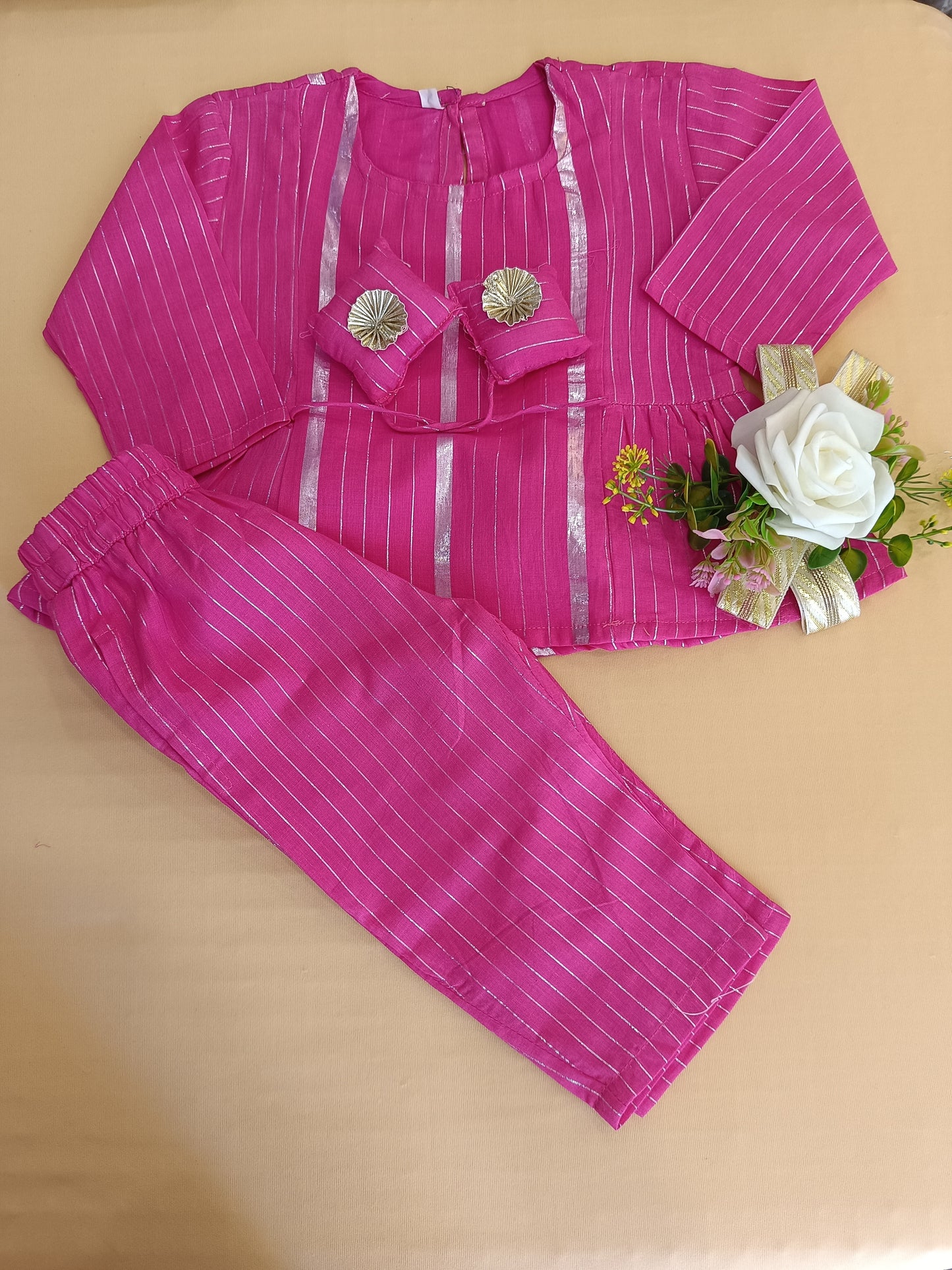 Stylish Pink Lurex cotton flared suit set for Girls