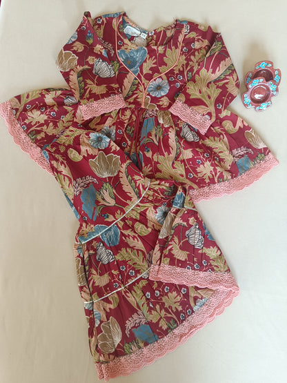 Floral Gathered Maroon Kurta With Sharara Set