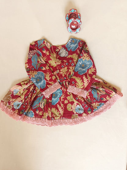 Floral Gathered Maroon Kurta With Sharara Set