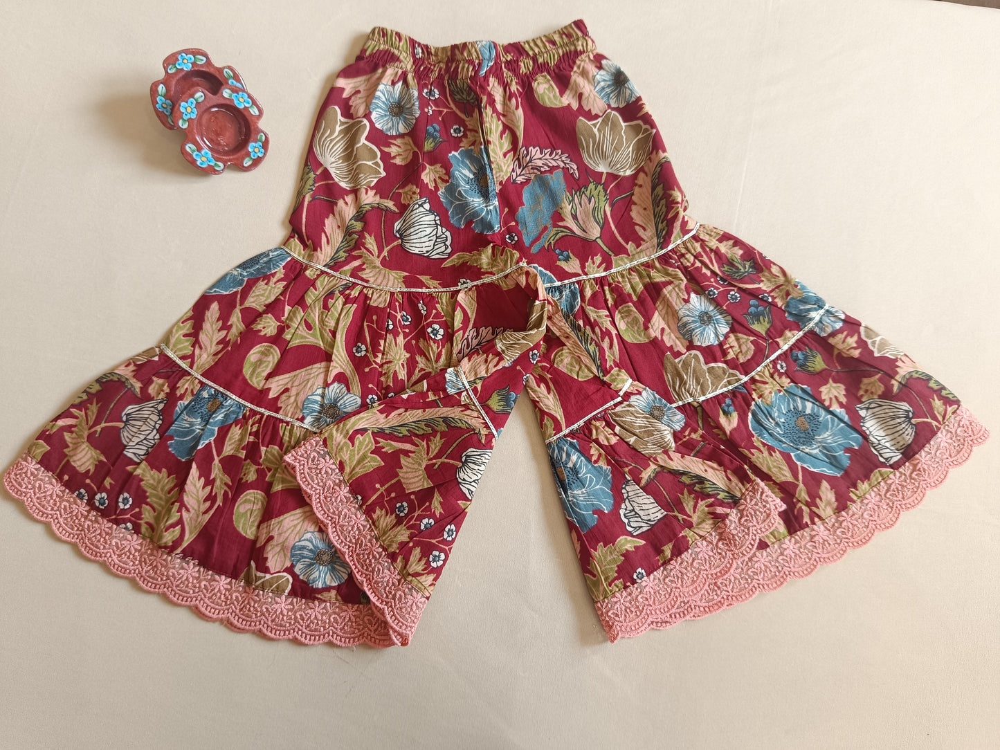 Floral Gathered Maroon Kurta With Sharara Set