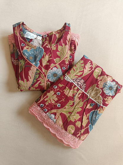 Floral Gathered Maroon Kurta With Sharara Set