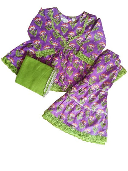 Floral Gathered Lavender Kurta With Sharara Set