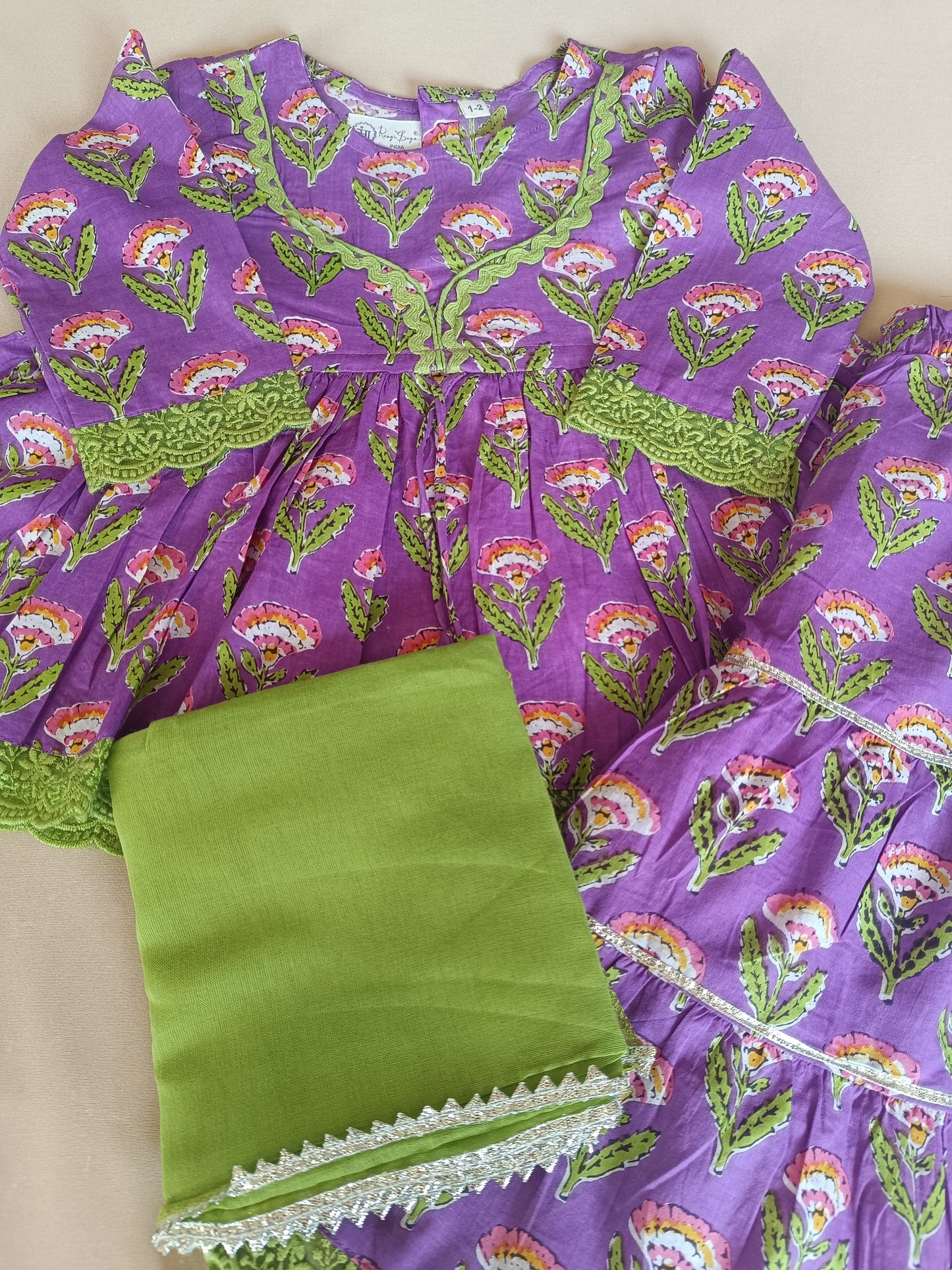 Floral Gathered Lavender Kurta With Sharara Set