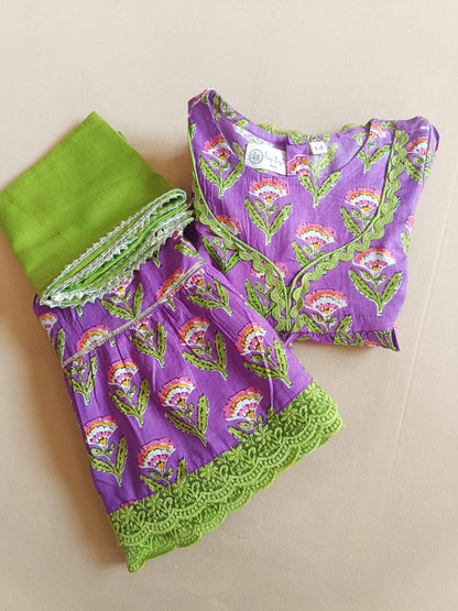 Floral Gathered Lavender Kurta With Sharara Set