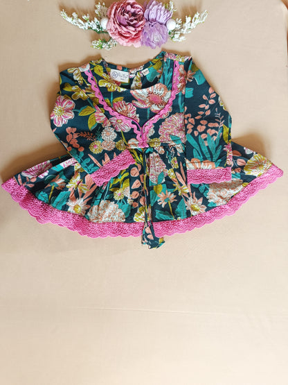 Floral Gathered Olive Green Kurta With Sharara Set